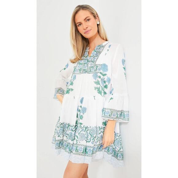 JULIET DUNN Tuckernuck White Poppy Flared Sleeve Cotton Mini Dress Block Print - Picture 3 of 11